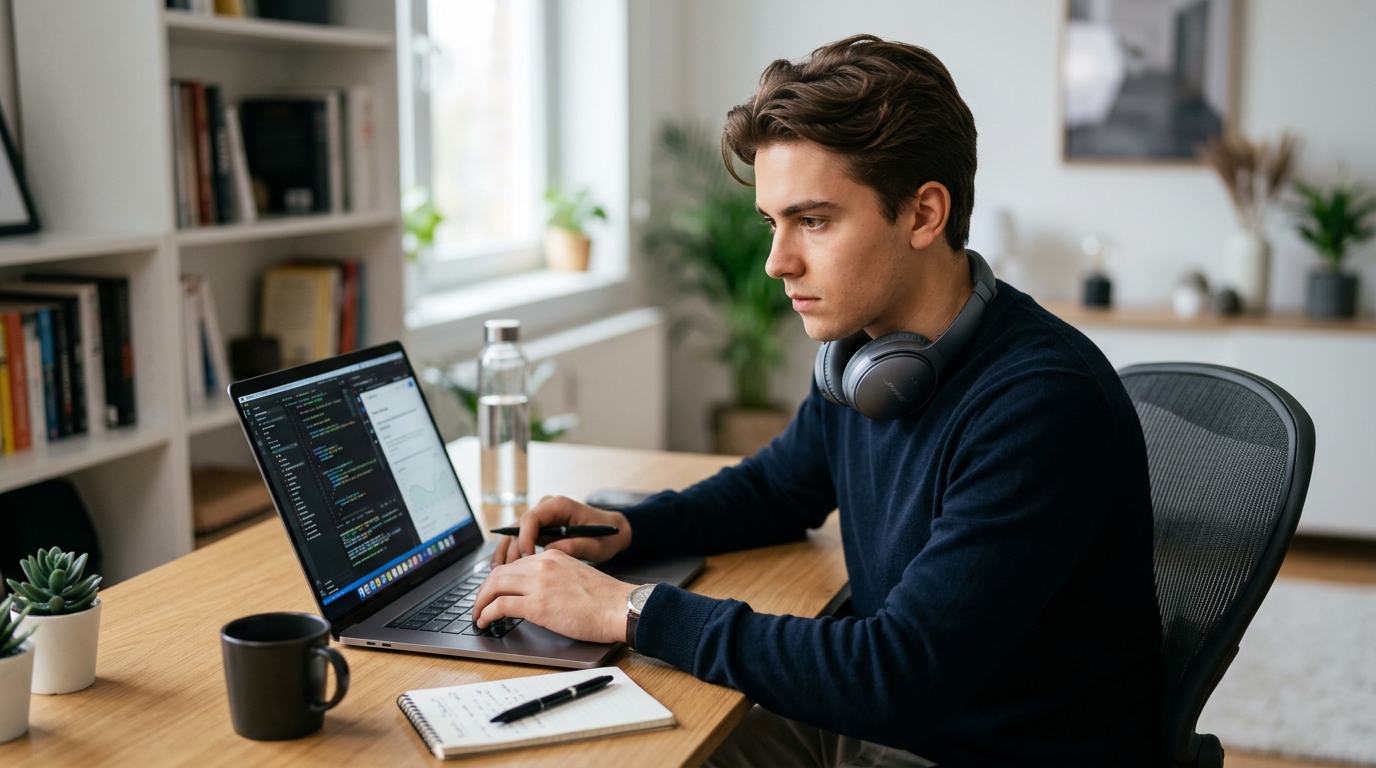 Samuel — Founder of ThumbsUp Digital, working at his desk